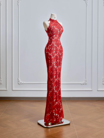 Red Chinese-style cheongsam with classic floral print, fitted waist and hip-hugging bodycon dress, ball gown, bridal gown R8209