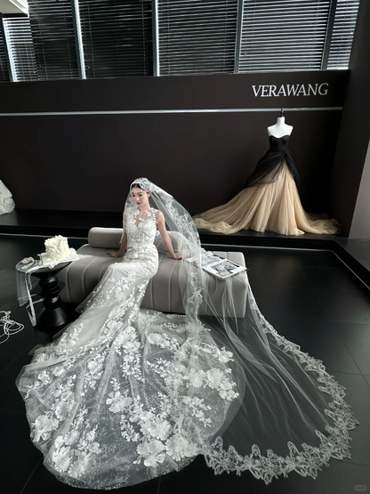 White sleeveless lace waist slim fishtail skirt floor-length wedding dress R6046
