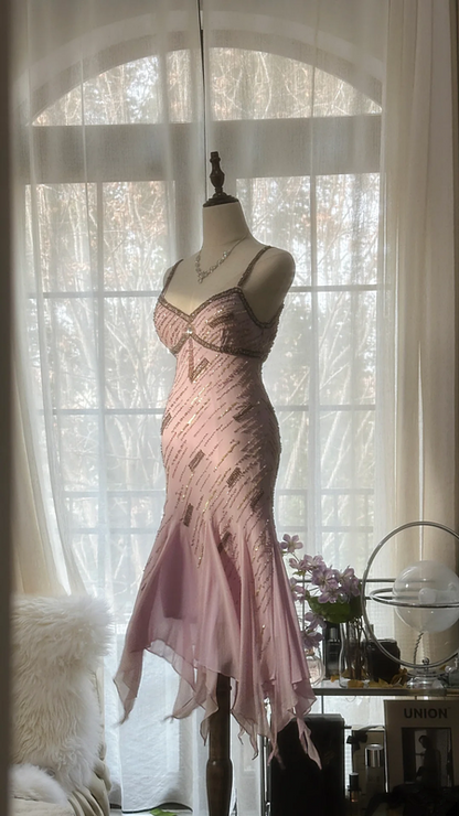 Light pink halter-neck fitted waist slim-fitting irregular hem midi ball gown R7700