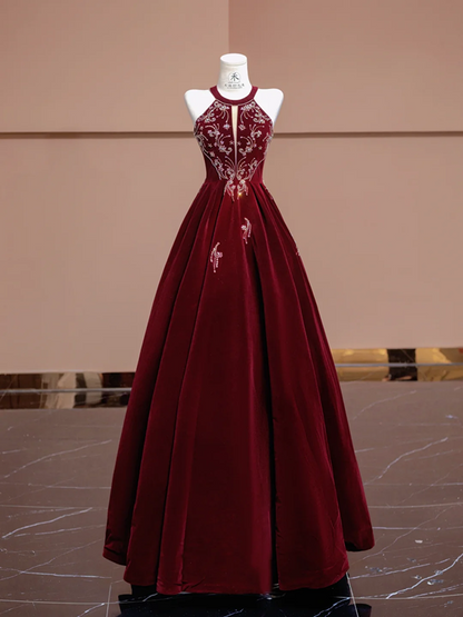 Red halter-neck, fitted waist, full skirt, long ball gown, bridal dress R8352