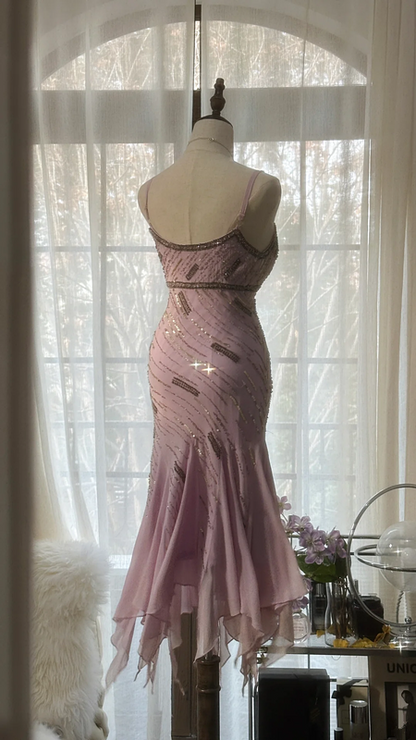 Light pink halter-neck fitted waist slim-fitting irregular hem midi ball gown R7700