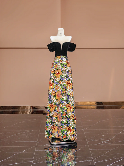 Black off-the-shoulder, fitted waist, sequined floral skirt, long ball gown R8385