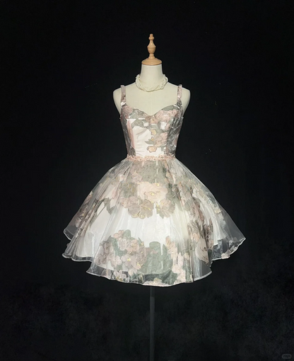 Retro pink floral suspender waist puffy princess skirt homecoming dress R4973