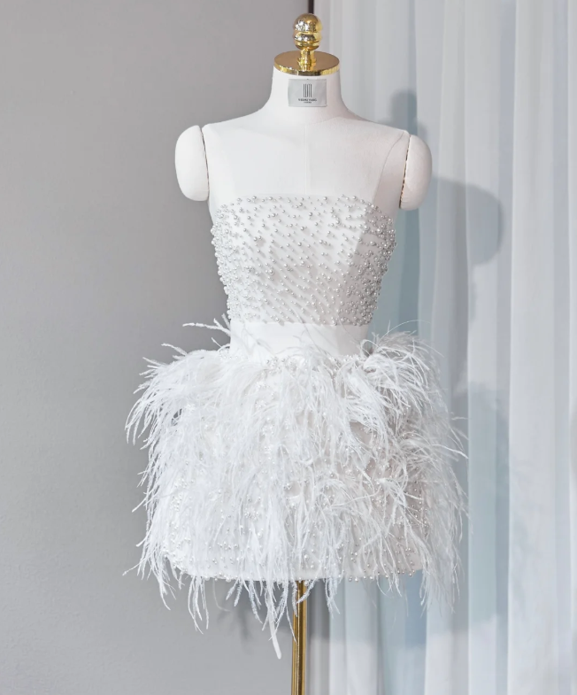 White pearl tube top waist feather design sexy short skirt homecoming dress R4202