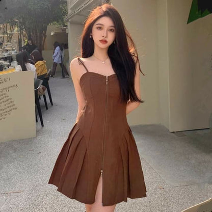 Dark Brown Strapless Waist Pleated Short Skirt Homecoming Dress R3862