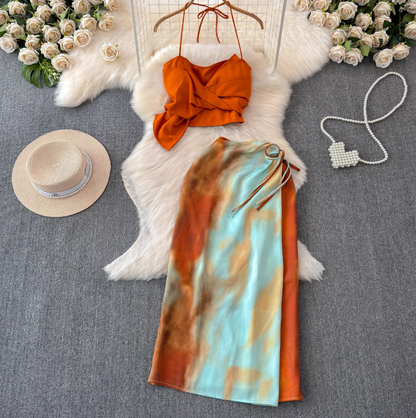 Summer sling holiday style gradient orange tie-dyed skirt knot design niche long skirt two-piece set R0321