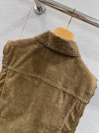 Miumiu 2026 Denim Short Vest Jacket Brown Cotton