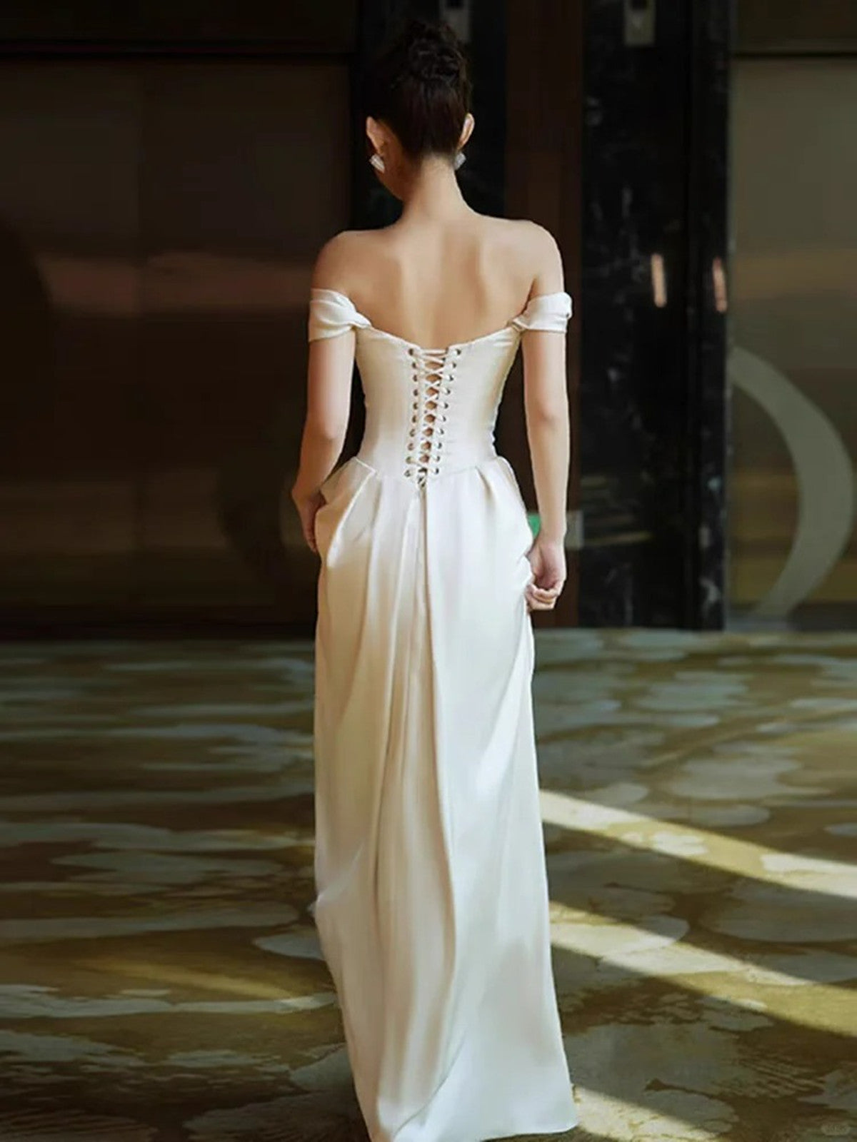 White Satin Sweetheart Off Shoulder Prom Dress, White Long Wedding Party Dress