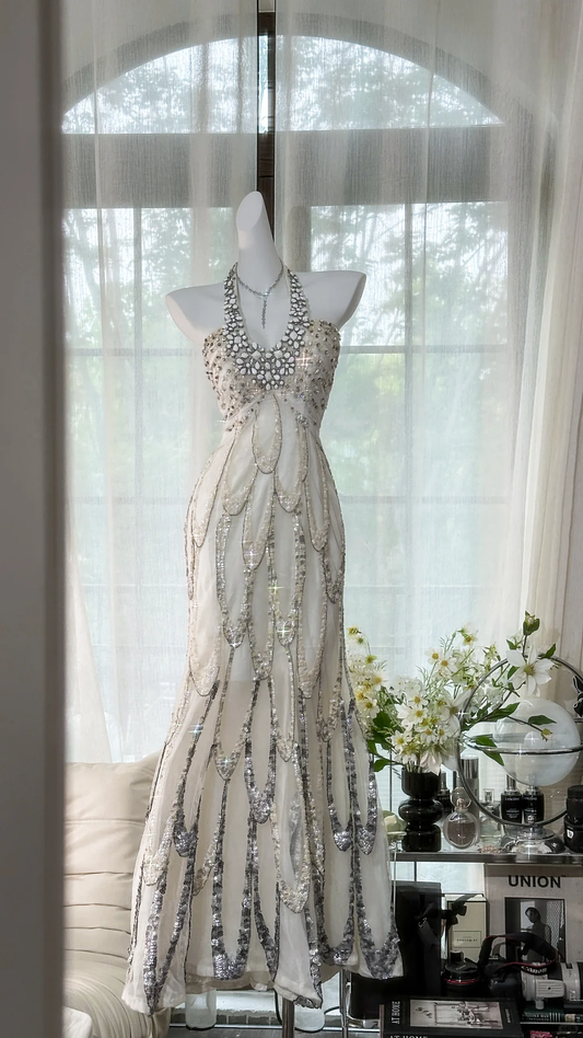 Classy Halter Chiffon Sequin Beaded Mermaid Evening Dress Long Prom Gown