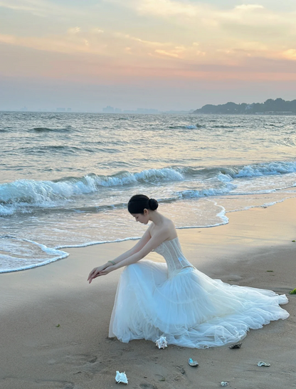 White strapless corset waist slim-fit tulle skirt ball gown prom dress R8011