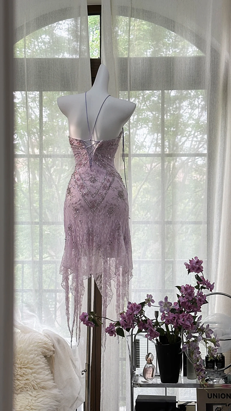 Light purple strapless fitted waist slim-fitting ball gown with an asymmetrical hem R7660