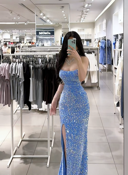 Blue strapless fitted waist slim-fit sexy slit long ball gown R7892