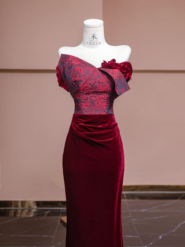 Pink strapless bodice with red bodycon skirt, ball gown, bridal gown R8324