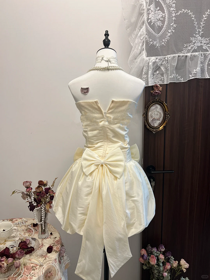 White satin tube top waist bow bud skirt short skirt homecoming dress R4324