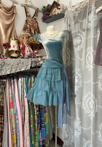 Light gray green slim waist cake skirt prom dress R6146