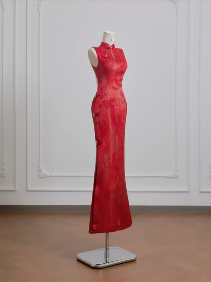 Red Chinese-style cheongsam, classic fitted waist, bodycon ball gown, bridal dress R8210