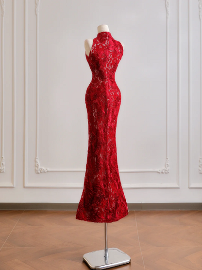 Red lace sleeveless fitted waist bodycon sexy long ball gown/bridal dress R8180