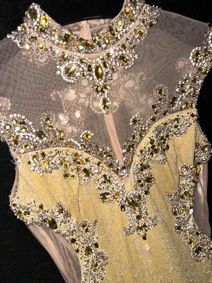 Yellow sleeveless rhinestone neckline, fitted waist, elegant classic long ball gown R6864