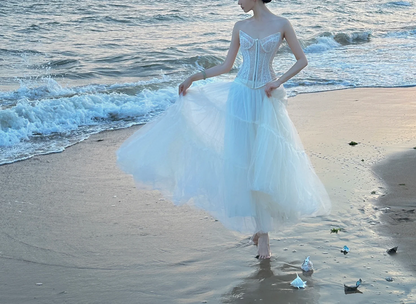White strapless corset waist slim-fit tulle skirt ball gown prom dress R8011