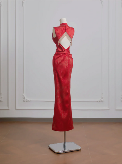 Red Chinese-style cheongsam, classic fitted waist, bodycon ball gown, bridal dress R8210