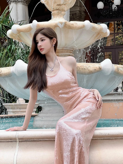 Pink Halter Neck Sequin-Embellished Waist-Cinched Fitted Bodycon Floor-Length Prom Dress R7105