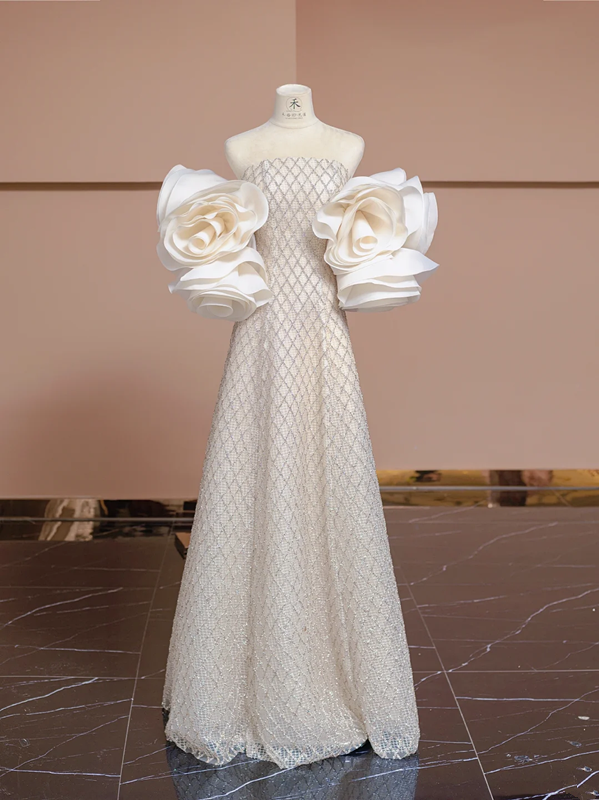 Light champagne-colored strapless fitted long ball gown, bridal dress R8353
