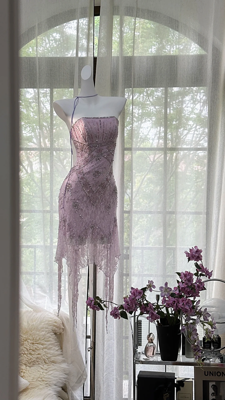 Light purple strapless fitted waist slim-fitting ball gown with an asymmetrical hem R7660