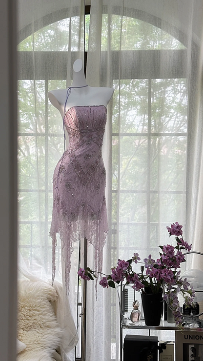 Light purple strapless fitted waist slim-fitting ball gown with an asymmetrical hem R7660