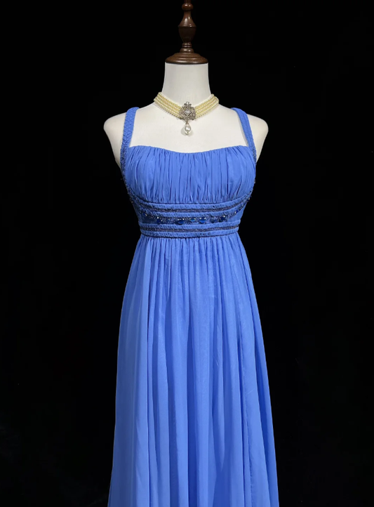 Elegant Spaghetti Straps Blue Chiffon Beaded Long Wedding Guest Dress,Formal Birthday Prom Dress Evening Dress D2072