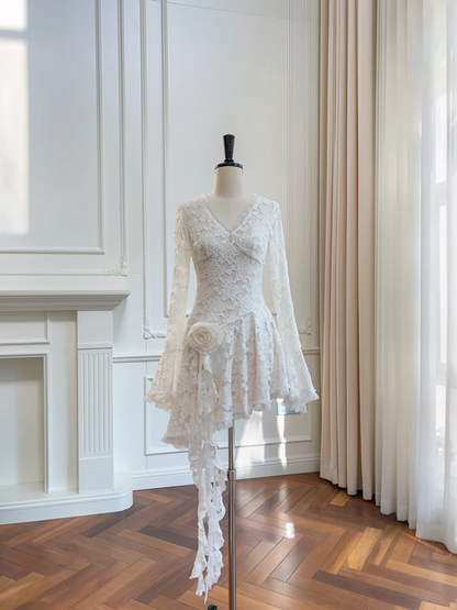 White lace long-sleeved V-neck waist slim irregular skirt short skirt homecoming dress R5055