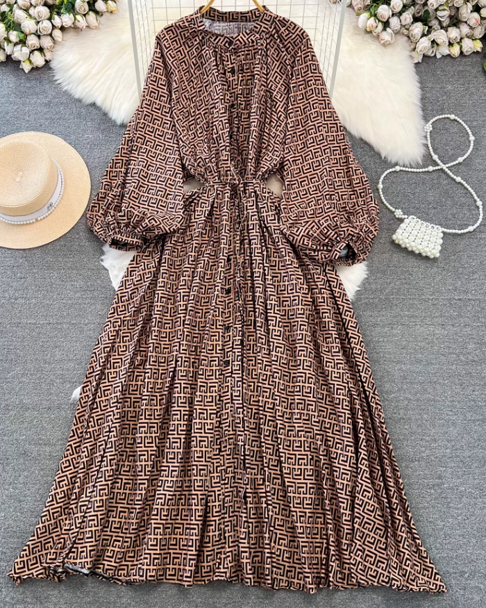 Fashion lantern long sleeve round neck waist a-line print irregular dress elegant long skirt R0404