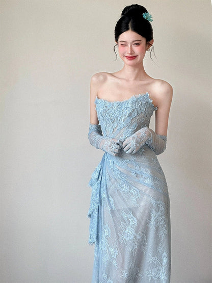 Blue Lace Mermaid Long Prom Dress Sexy Evening Dresses With Side Split   fg7665