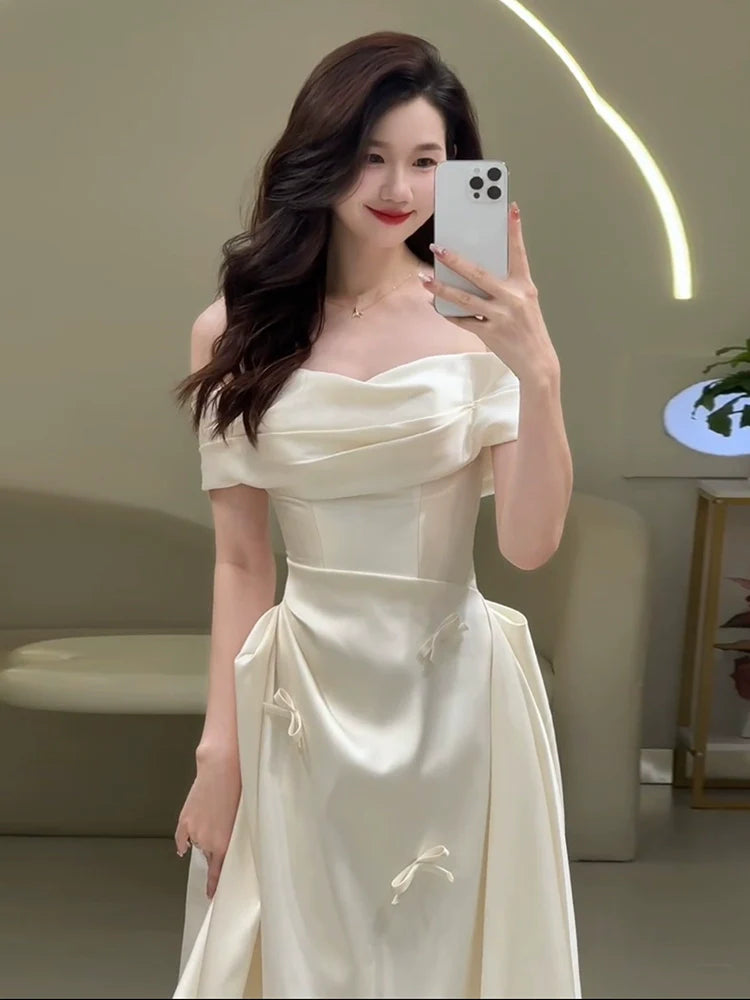 Off Shoulder Satin Wedding Dresses Long Bridal Gown      S7214