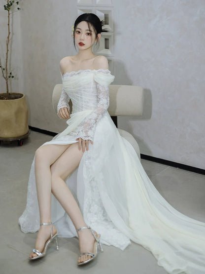 Off Shoulder Lace Long Wedding Dress Evening Party Dresses    fg7704