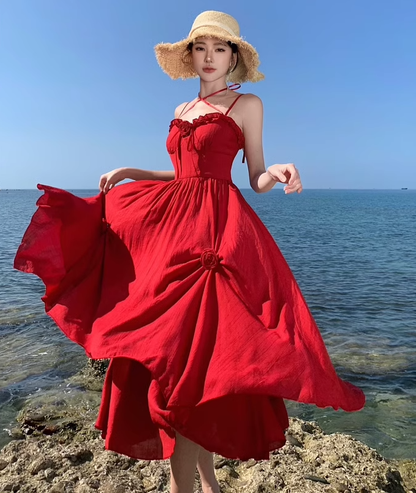 Photo-taking temperament romantic red rose lace-up large waist slimming suspender dress R0188
