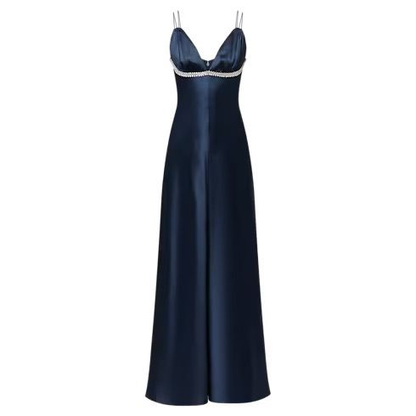 Dark Navy Straps A-Line Satin Long Party Dress Formal Evening Dress, D824