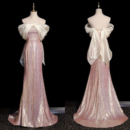 Pink Off Shoulder Sequins Mermaid Long Formal Party Dress MD7416