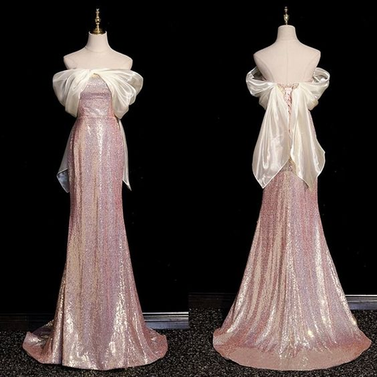 Pink Off Shoulder Sequins Mermaid Long Formal Party Dress MD7416