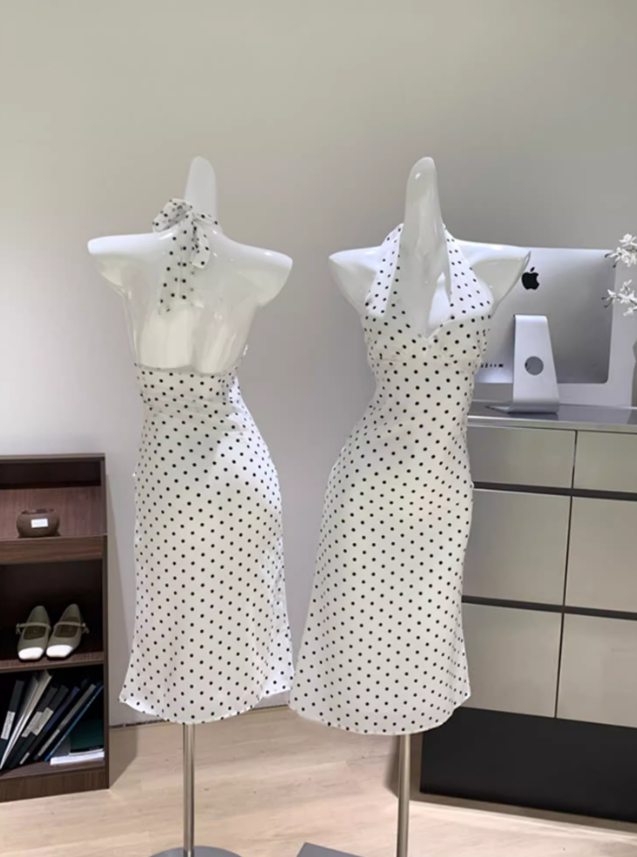 French dress halter neck polka dot white female island vacation travel seaside sexy skirt R0285