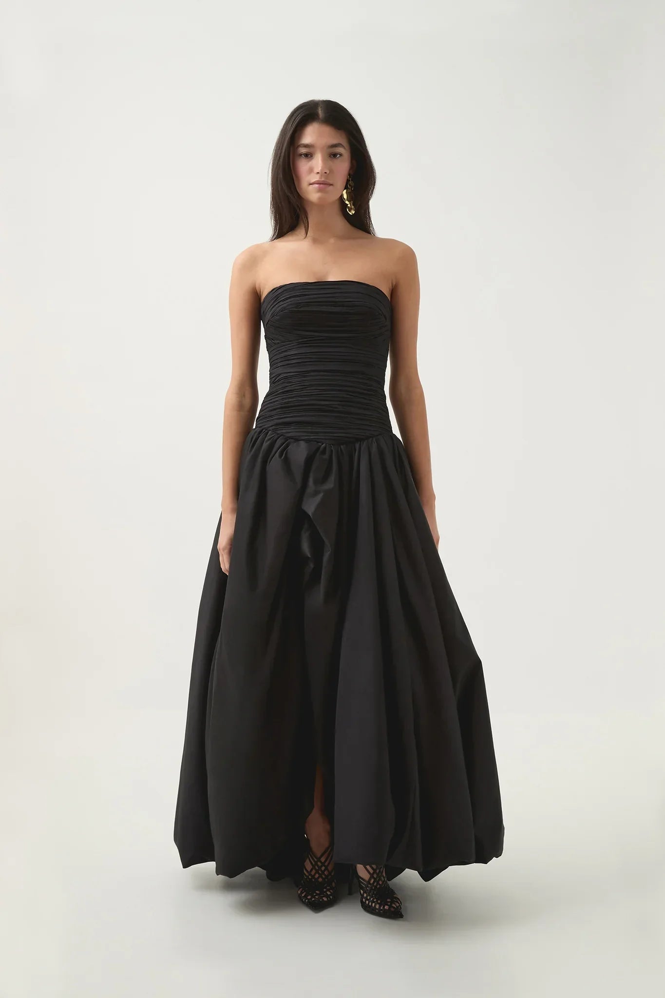 Pretty Ball Gown Strapless Black Satin Long Prom Dresses With Ruffles Evening Dress C2598