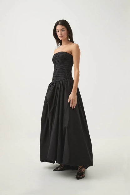 Pretty Ball Gown Strapless Black Satin Long Prom Dresses With Ruffles Evening Dress C2598