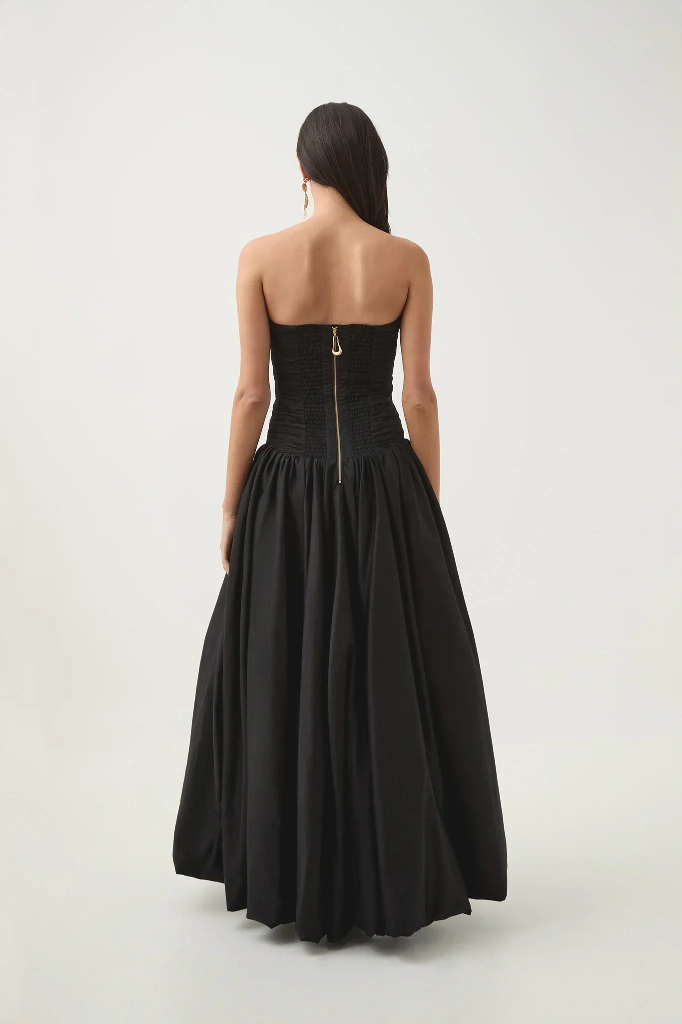 Pretty Ball Gown Strapless Black Satin Long Prom Dresses With Ruffles Evening Dress C2598