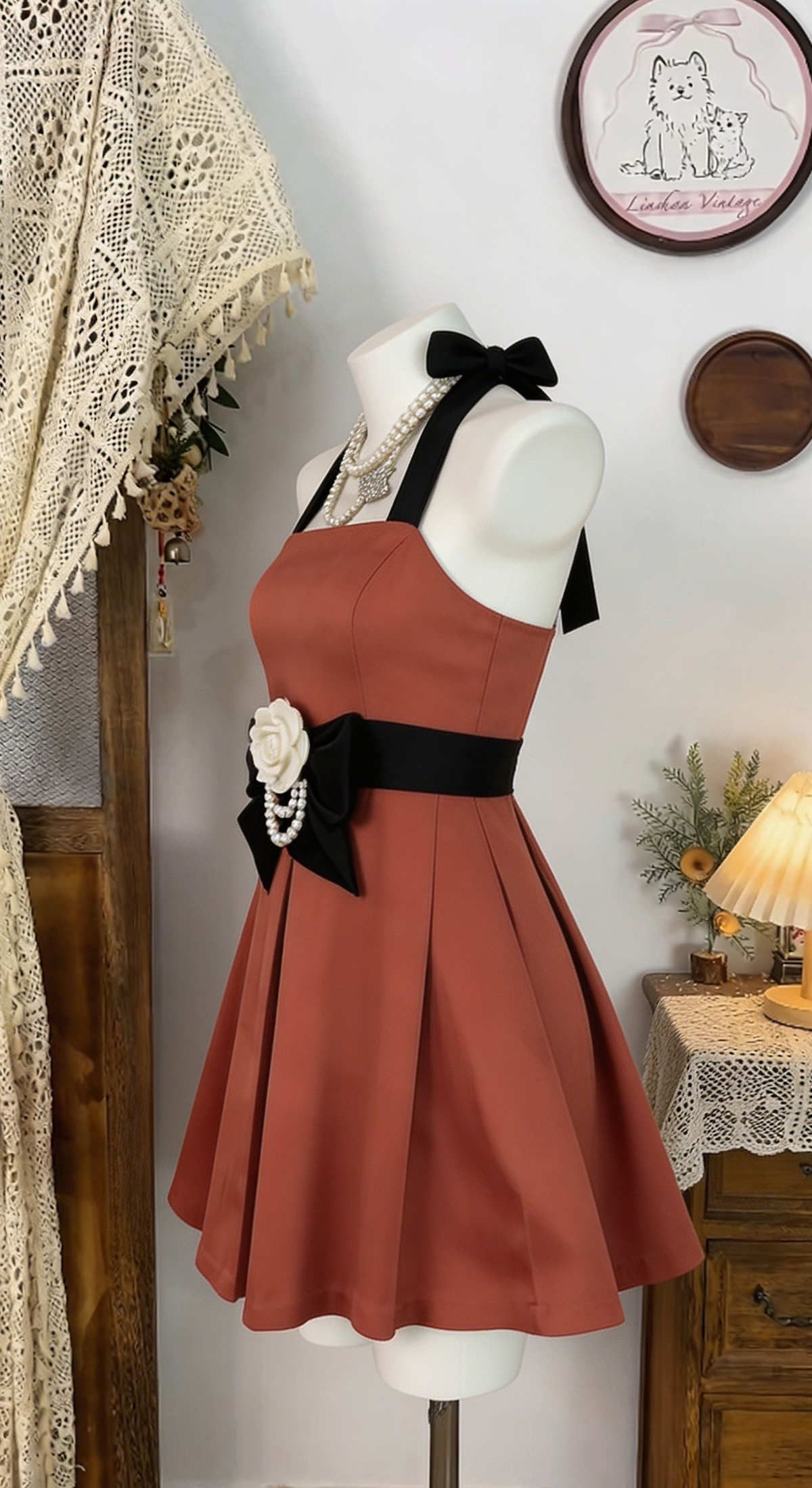 Elegant Homecoming Dress Halter Flower Pleated Back to School Outfits Party Dress  D6533