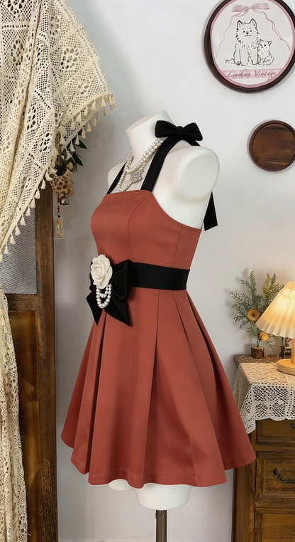 Elegant Homecoming Dress Halter Flower Pleated Back to School Outfits Party Dress  D6533