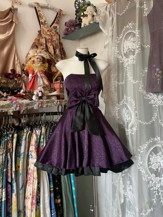 Purple Strapless A-Line Satin Short Party Dresses Vintage Homecoming Dresses, D1176