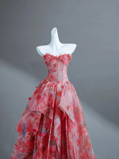 Pink floral tube top waist A-line long skirt, prom dress R5636