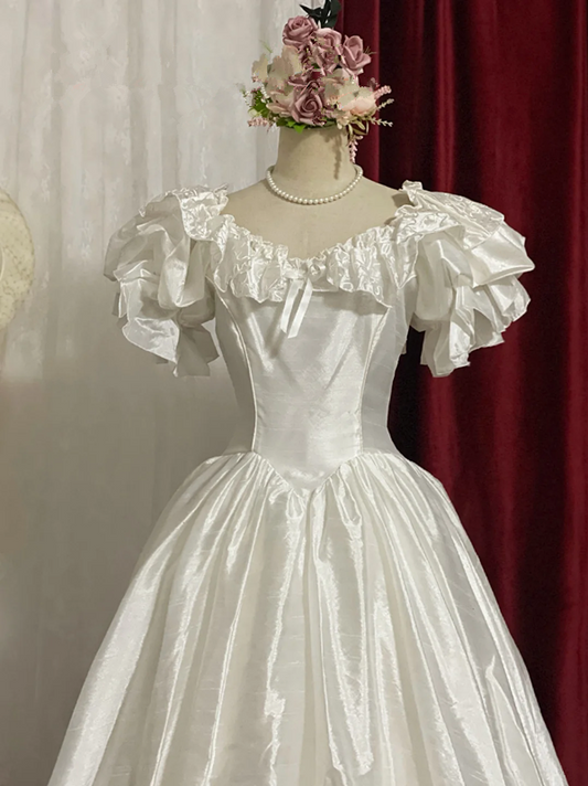 White Vintage Court-Style Satin Waist-Cinched Slim-Fit Floor-Length Ball Gown, Bridal Gown R7352