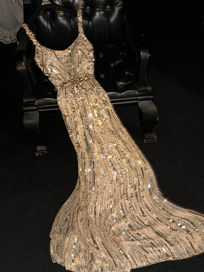 Gold sequined halter-neck fitted long ball gown/bridal dress R8813