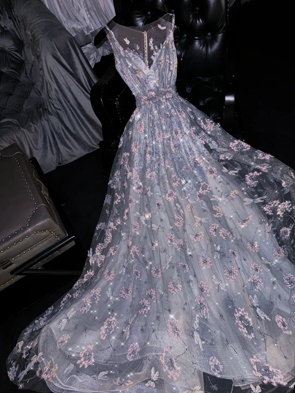 Light gray-blue round neck fitted waist sexy long ball gown, bridal dress R8753