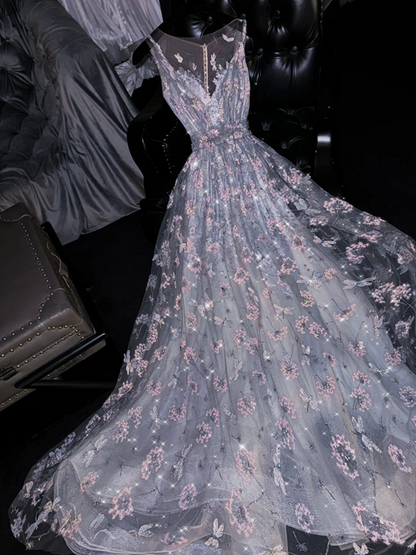 Light gray-blue round neck fitted waist sexy long ball gown, bridal dress R8753